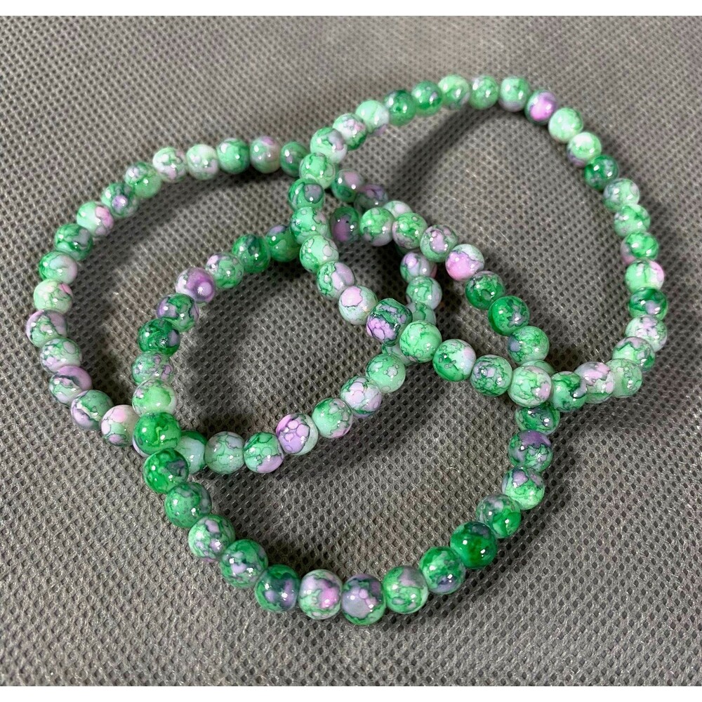 Glass Beads Bracelets Set of 3 Pink Green Marbled Pattern Stretch